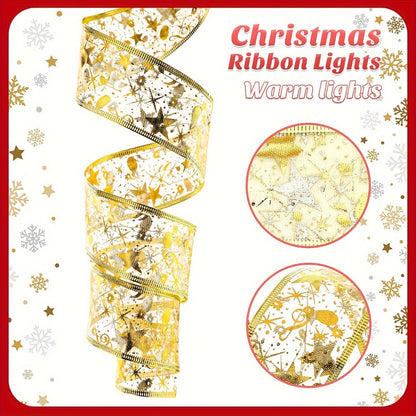 String Lights, 32.8-Foot Golden Warm White Ribbon Garland with Battery Power for Indoor Holiday Decor