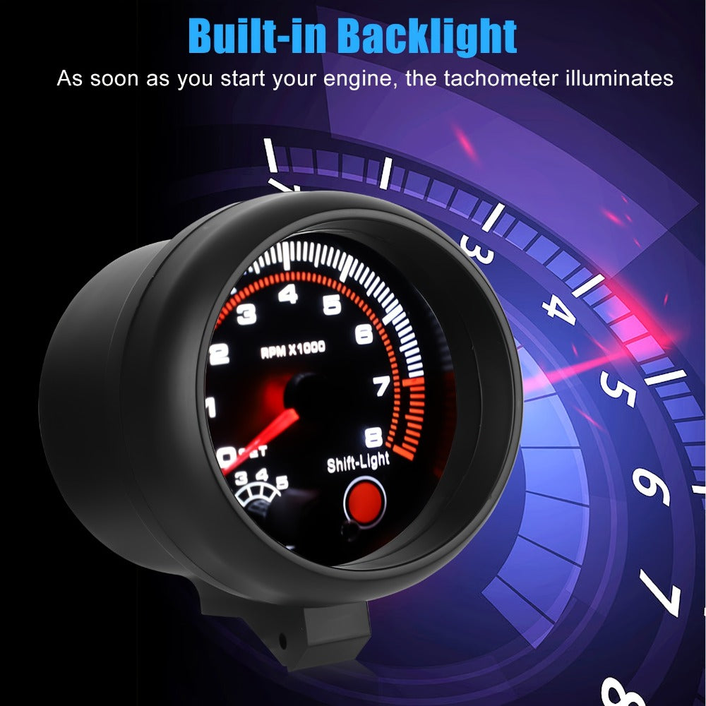 Car Tachometer Gauge 12V 0-8000 RPM 3.75 Inch - LED Shift Light, ABS Black Dial for 4 6 8 Cylinder Petrol Engines, Universal Fit with Accessories Kit