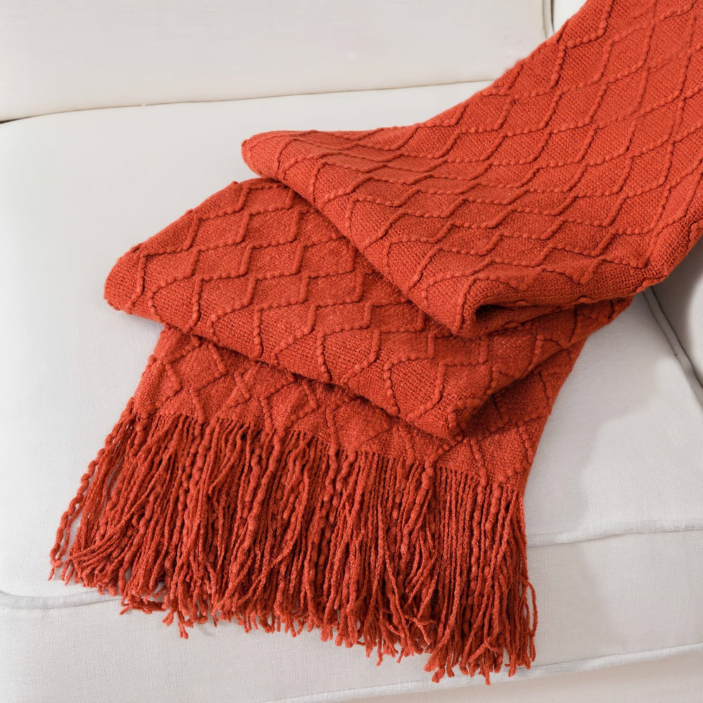 50 x 60-Inch Throw Blanket with Raised Geometric Texture, Tassel Fringe and Six Solid Color Options
