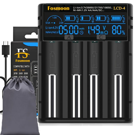 18650 Battery Charger with LCD Display, Universal Smart Charger for 3.7V & 1.2V Rechargeable Batteries – Compatible with 26650, 18650, 18490, 18350, 17670, 17500, 16340, 14500, RCR123A Sizes