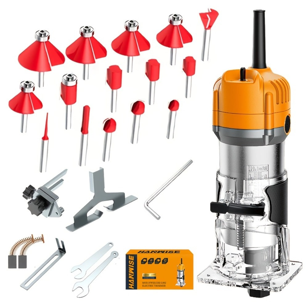 Wood Router 800W 35000 RPM Compact Electric Router Tool | 15-Piece 1/4" Bit Set for DIY Woodworking, Edge Trimming, Slotting, Carving & Contour Processing – Variable Speed Rotary Tool