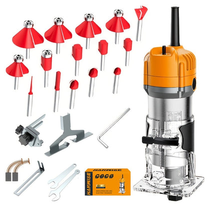 Wood Router 800W 35000 RPM Compact Electric Router Tool | 15-Piece 1/4" Bit Set for DIY Woodworking, Edge Trimming, Slotting, Carving & Contour Processing – Variable Speed Rotary Tool