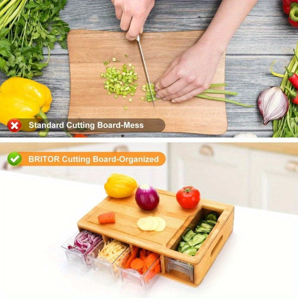 Bamboo Cutting Board Prep Station with Slide-Through Opening, Drawer Positions and Two-Tray Package Option