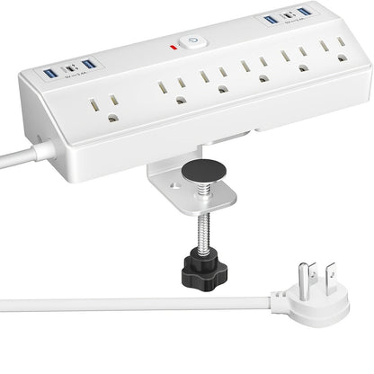 Desk Clamp Power Strip with USB-C PD 20W Fast Charging - 4 AC Outlets 4 USB Ports Surge Protector 1050J 8.8Ft Flat Plug Extension Cord Removable Clamp Fits 1.8 Inch Tabletop Edge Home Office Gaming