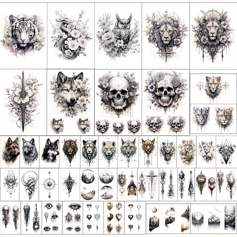Temporary Tattoos, 44-Sheet Black Animal and Mountain Set with Wolf, Lion and Tiger Designs in Large and Small Sizes