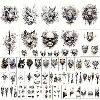 Temporary Tattoos, 44-Sheet Black Animal and Mountain Set with Wolf, Lion and Tiger Designs in Large and Small Sizes