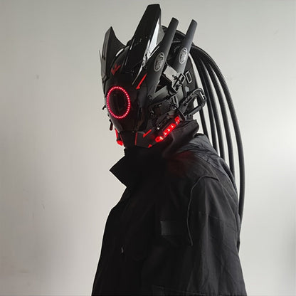 LED Braided Cyberpunk Costume Helmet with Circular Face Light and Blue, Green or Pink Accent Styles