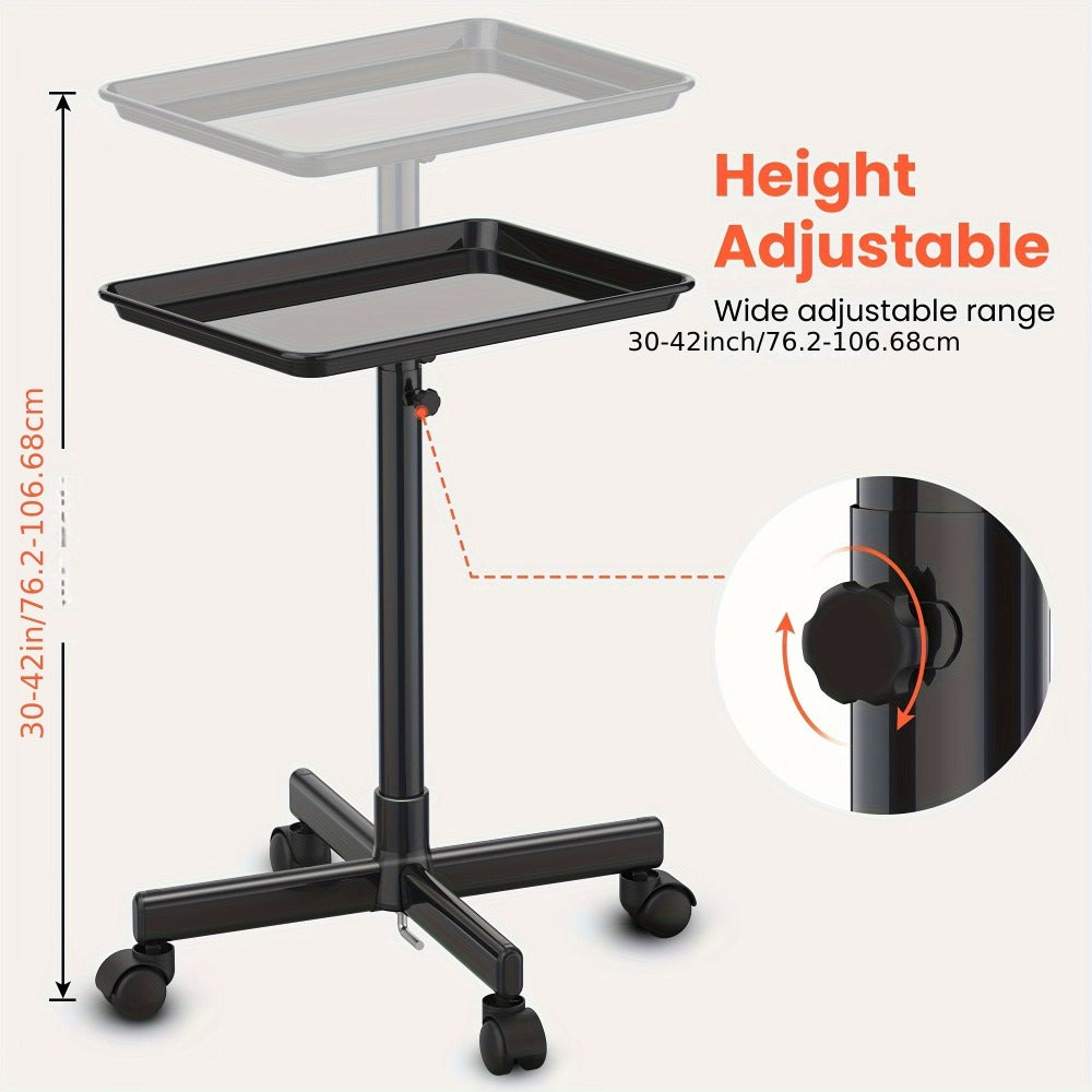 Salon Rolling Tray Trolley on Wheels Height Adjustable 30"-42" – Silver Mobile Salon Cart for Nail Tech, Esthetician, Barber, Hair Stylist & Beauty Station Tool Organizer