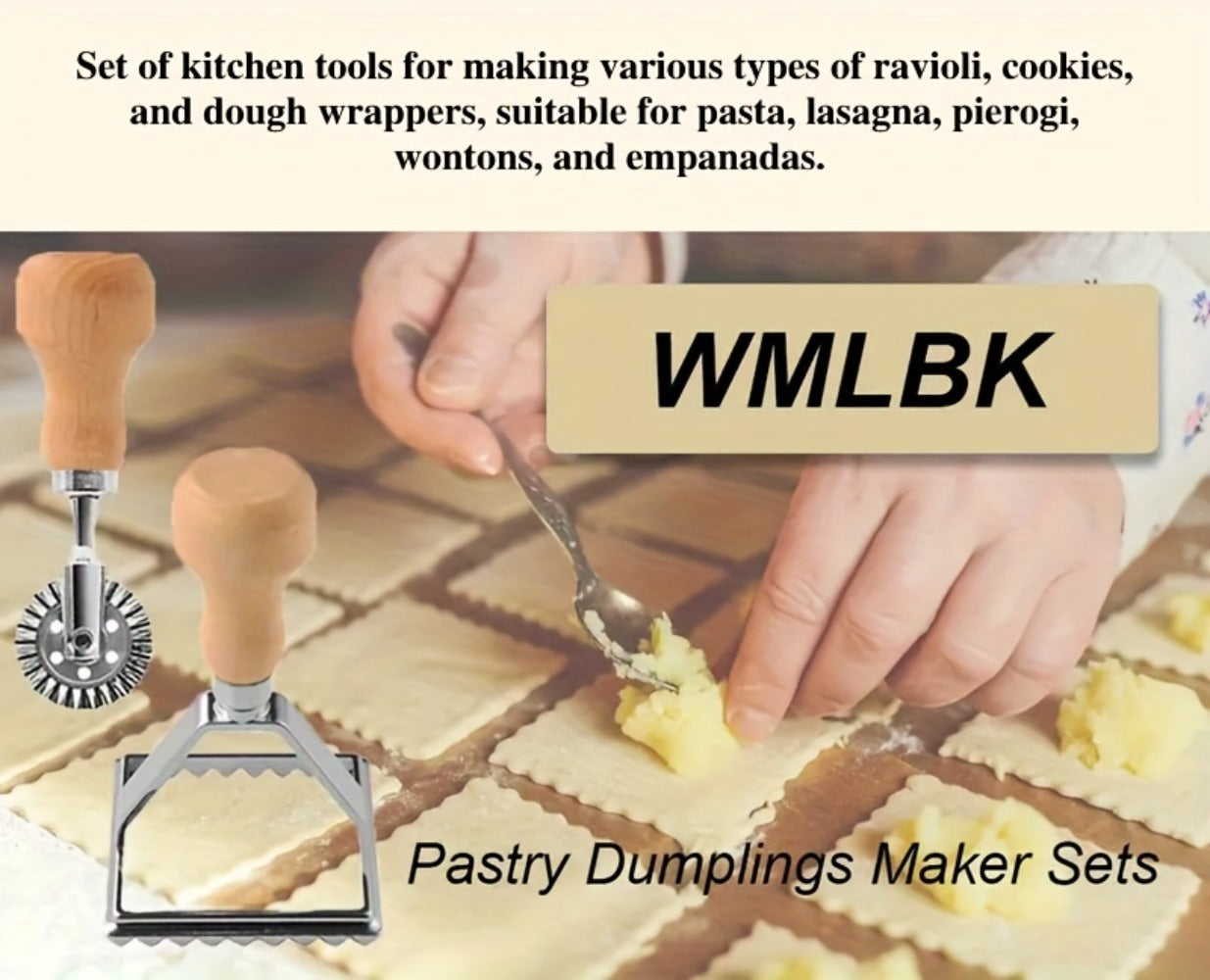 Thirteen-Piece Dumpling Maker Tool Set with Wooden Handles, Round Cutters and Folding Presses in Multiple Sizes