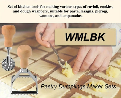 Thirteen-Piece Dumpling Maker Tool Set with Wooden Handles, Round Cutters and Folding Presses in Multiple Sizes