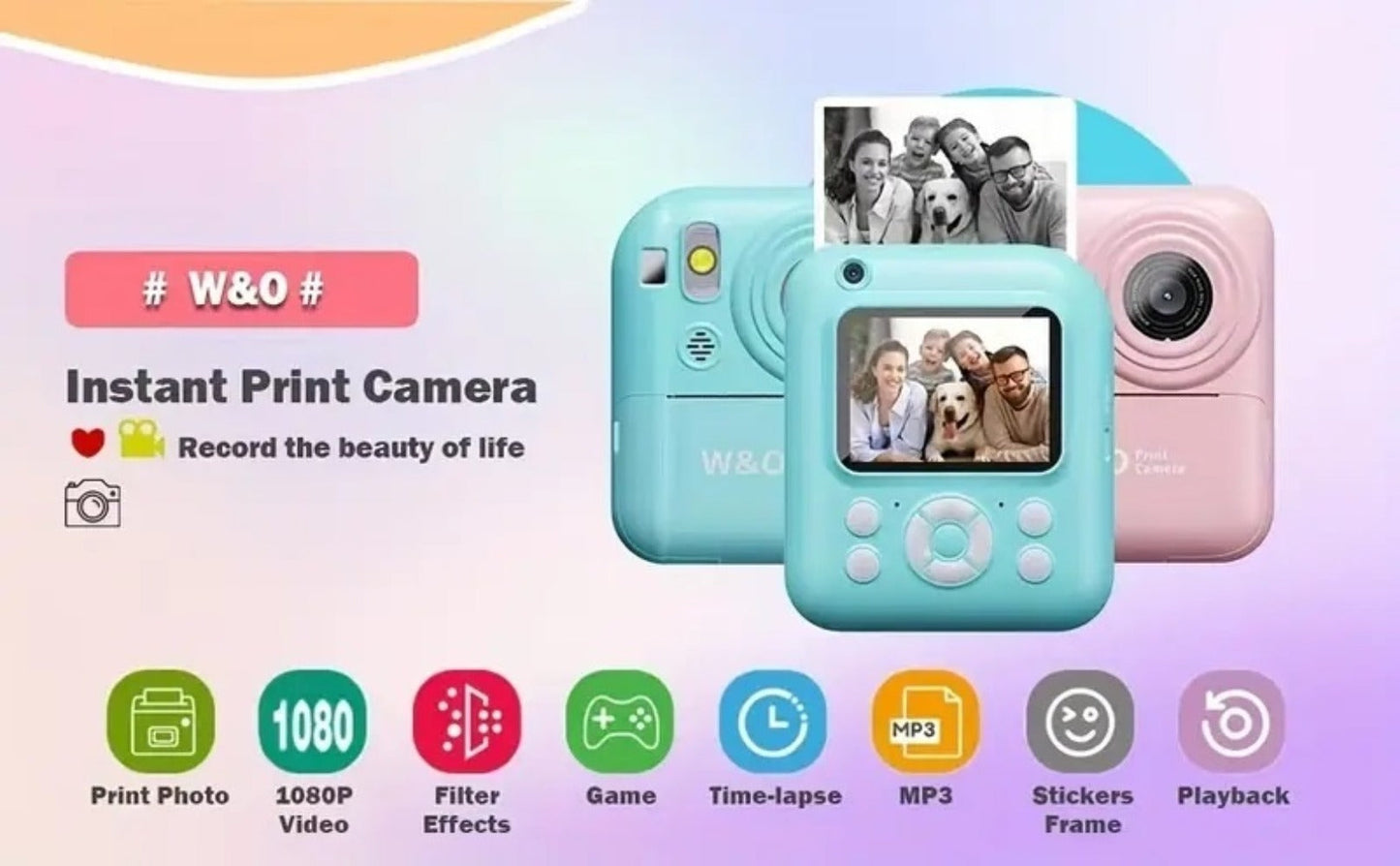 Instant Print Camera for Kids 48MP with Print Paper 32G TF Card 1080P FHD Video Flash MP4 Puzzle Game Cartoon Mini Digital Camera Printer Ages 6+ Birthday Christmas Gift