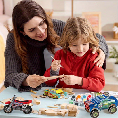 Build and Paint Wooden Vehicle Kit for Kids 144 Pieces, Race Car Motorcycle Monster Truck, 12 Colors 3 Brushes Racing Decals