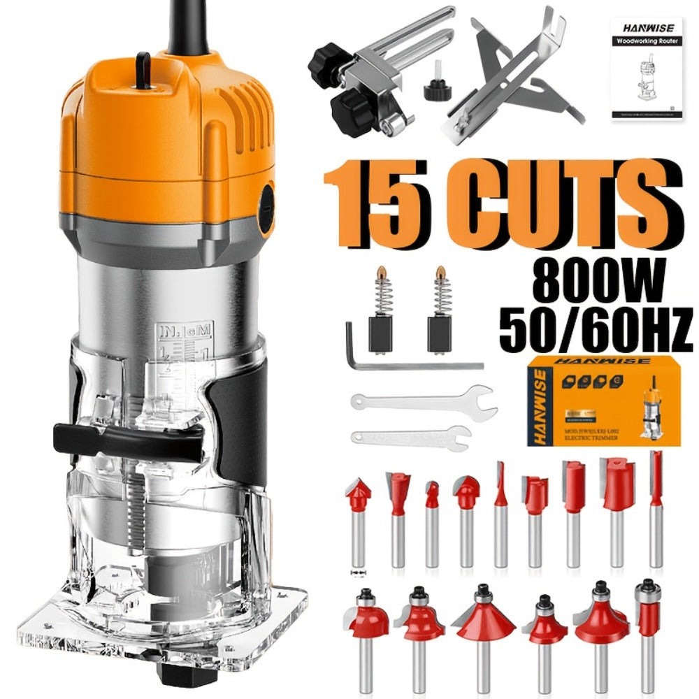 Wood Router Edge Trimmer 800W 6.1Amp Compact Hand Router Tool 35000RPM with Variable Speed, 1/4" Collet, Router Bit Set for Woodworking Slotting Carving Edge Treatment DIY Projects