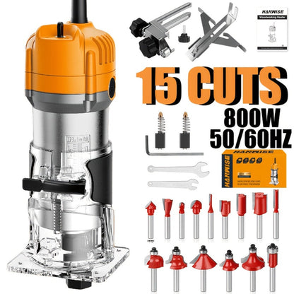 Wood Router Edge Trimmer 800W 6.1Amp Compact Hand Router Tool 35000RPM with Variable Speed, 1/4" Collet, Router Bit Set for Woodworking Slotting Carving Edge Treatment DIY Projects