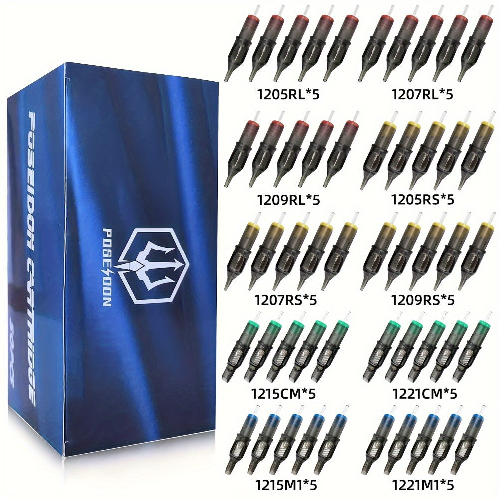 Tattoo Cartridge Needles with Poseidon Label, 50-Piece Long-Taper Round Liner Assorted Pack