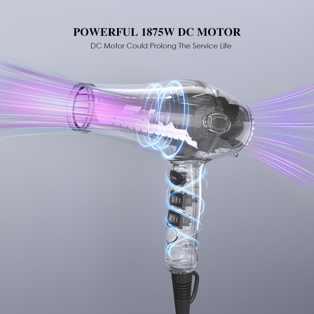 1875W Ionic Hair Dryer with Diffuser Concentrator Comb Nozzle - Professional Blow Dryer DC Motor 3 Heat 2 Speed Cool Shot Anti-Frizz Salon Quality for Women Black