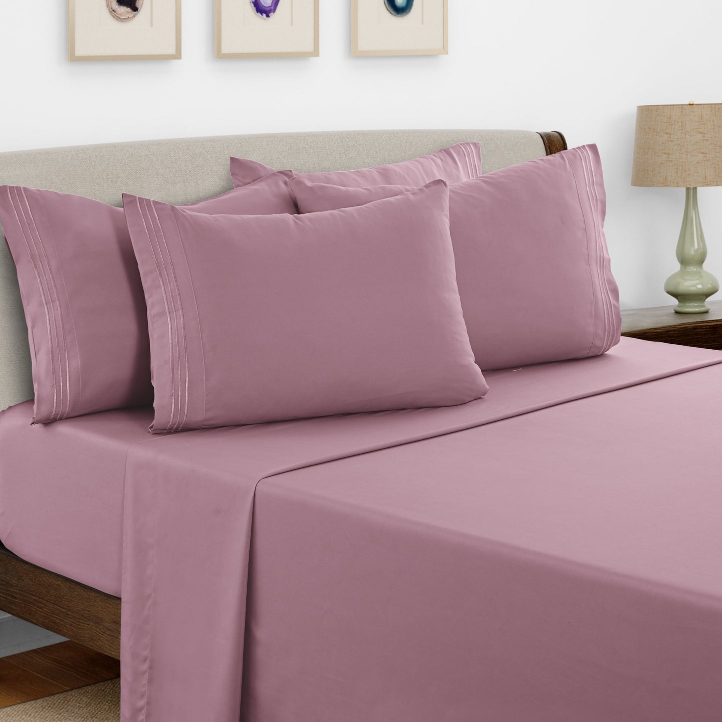 Bed Sheet Set Brushed Microfiber with Embroidered Pillowcases, 16-Inch Pocket and 4- or 6-Piece Sizing