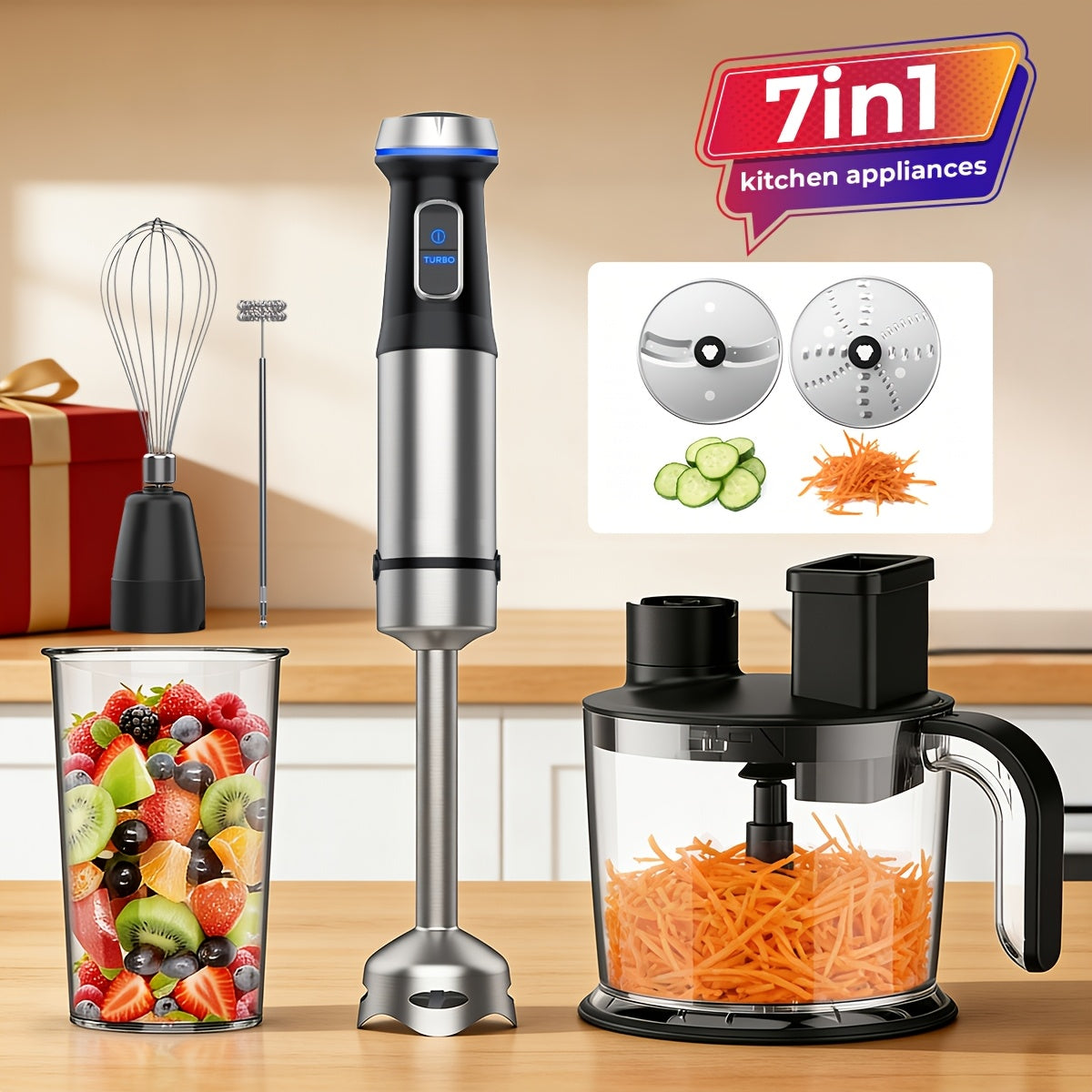 Silver 7-in-1-Labeled Immersion Blender Set with 1500ml Chopper, 800ml Beaker, Whisk and Frother