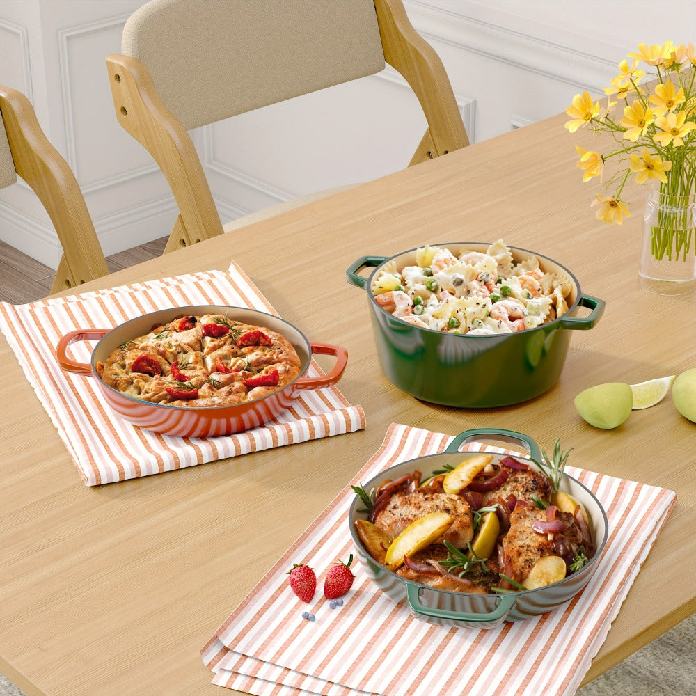 3QT Enameled Cast Iron Dutch Oven Braiser with Shallow Round Body, Fitted Lid and Three Colors