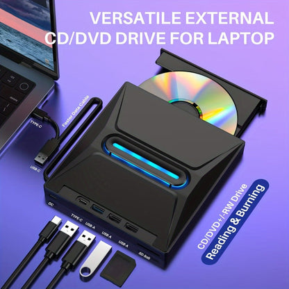 8-in-1 Luminous External CD DVD Drive USB 3.0 & Type-C - Portable CD/DVD±RW Burner Player Hub with 3 USB Ports