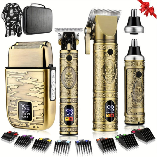 Cordless Hair Clipper & Trimmer Kit for Men — Professional Rechargeable Grooming Set, Golden Edition, Wireless Fade Clipper with USB Charge, Ideal Gift for Men