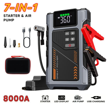 8000A Jump Starter with Air Compressor - 12V Portable Jump Box for Gas & Diesel Cars, USB Ports & LED Flashlight | Up to 8.0L Gas & 6.5L Diesel