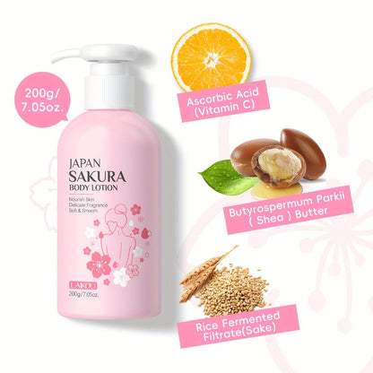 LAIKOU Sakura Body Lotion, 200g Pump Bottle with Vitamin C, Shea Butter and Rice Ferment Labels