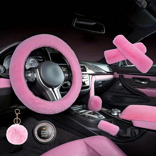 Plush Fluffy Steering Wheel Cover – Rex Rabbit Fur Texture, Universal Fit, 12 Colors (Black, Pink, Purple, Red & More), Soft Car Interior Accessory for Women