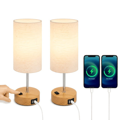 Dimmable Table Lamp with USB Charging Ports & AC Outlet - 3-Way Touch Control Bedside Nightstand Lamp, 6W LED Bulb Included, Wood & Metal Base, Modern Desk Light for Bedroom, Living Room & Office (1 or 2 Pack)