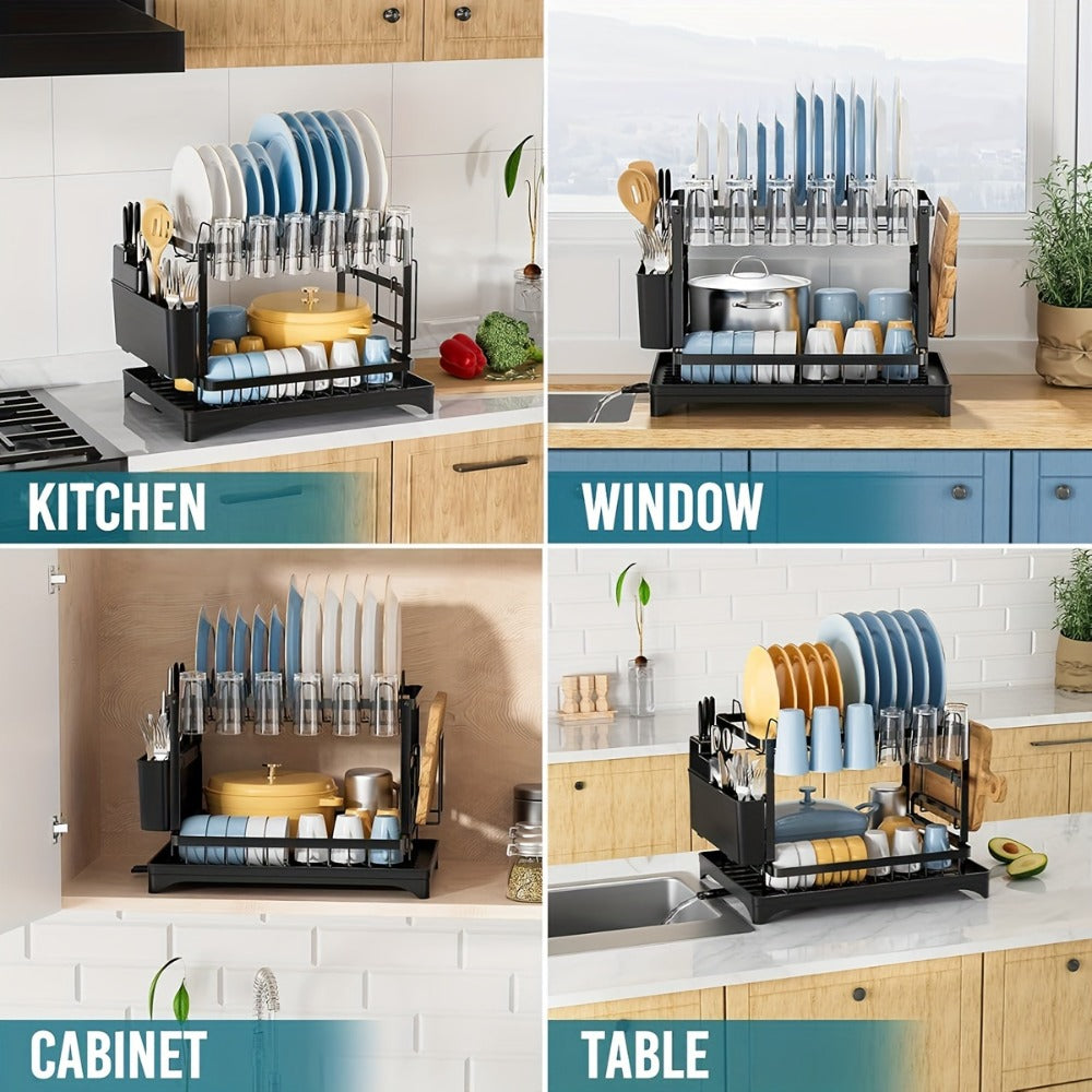 Two-Tier Dish Drying Rack, Compact Metal Countertop Drainer with Drainboard in Three Colors