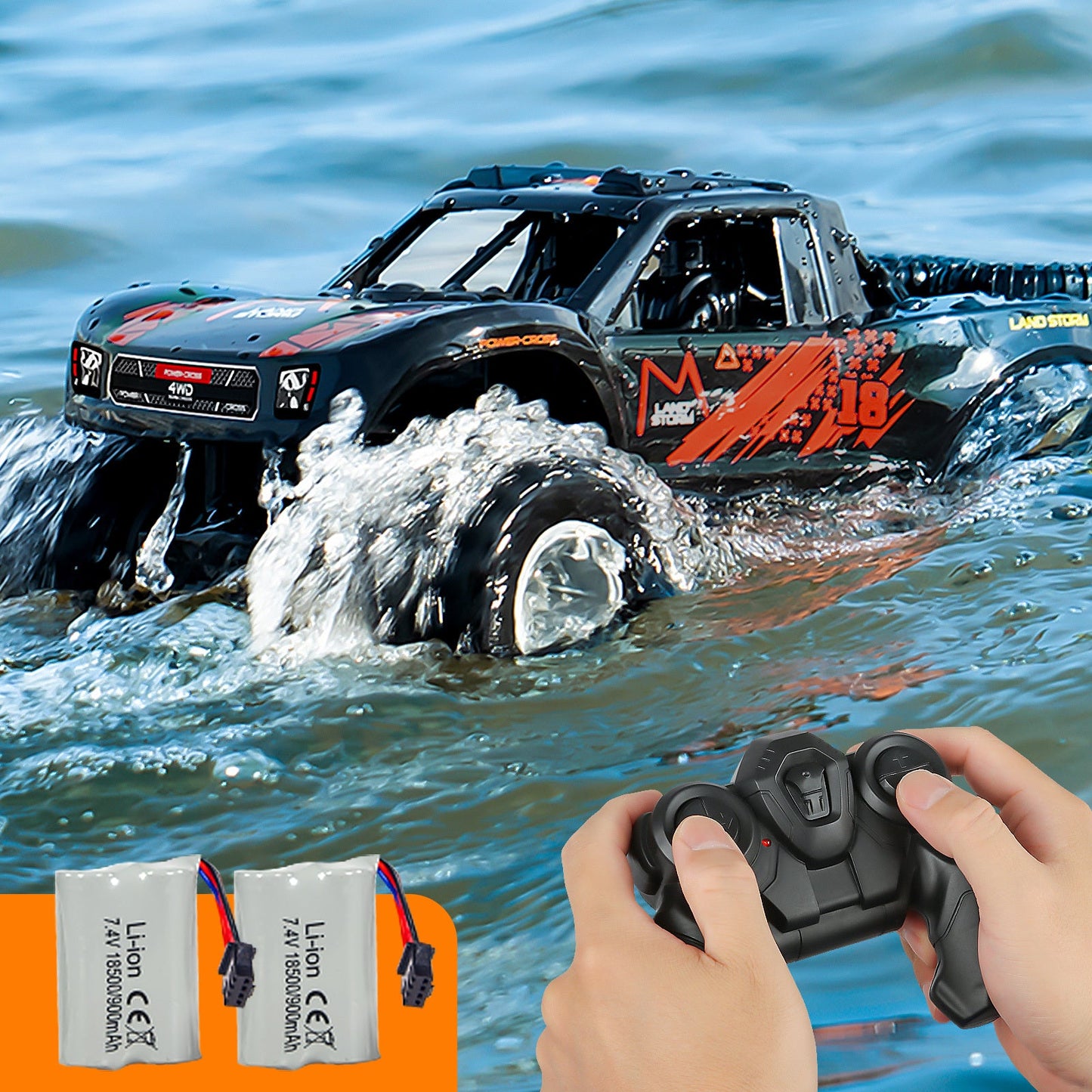 RC Monster Truck or Pickup 1:16 Scale in Five Body and Color Styles with 4WD Layout and Two Rechargeable Batteries