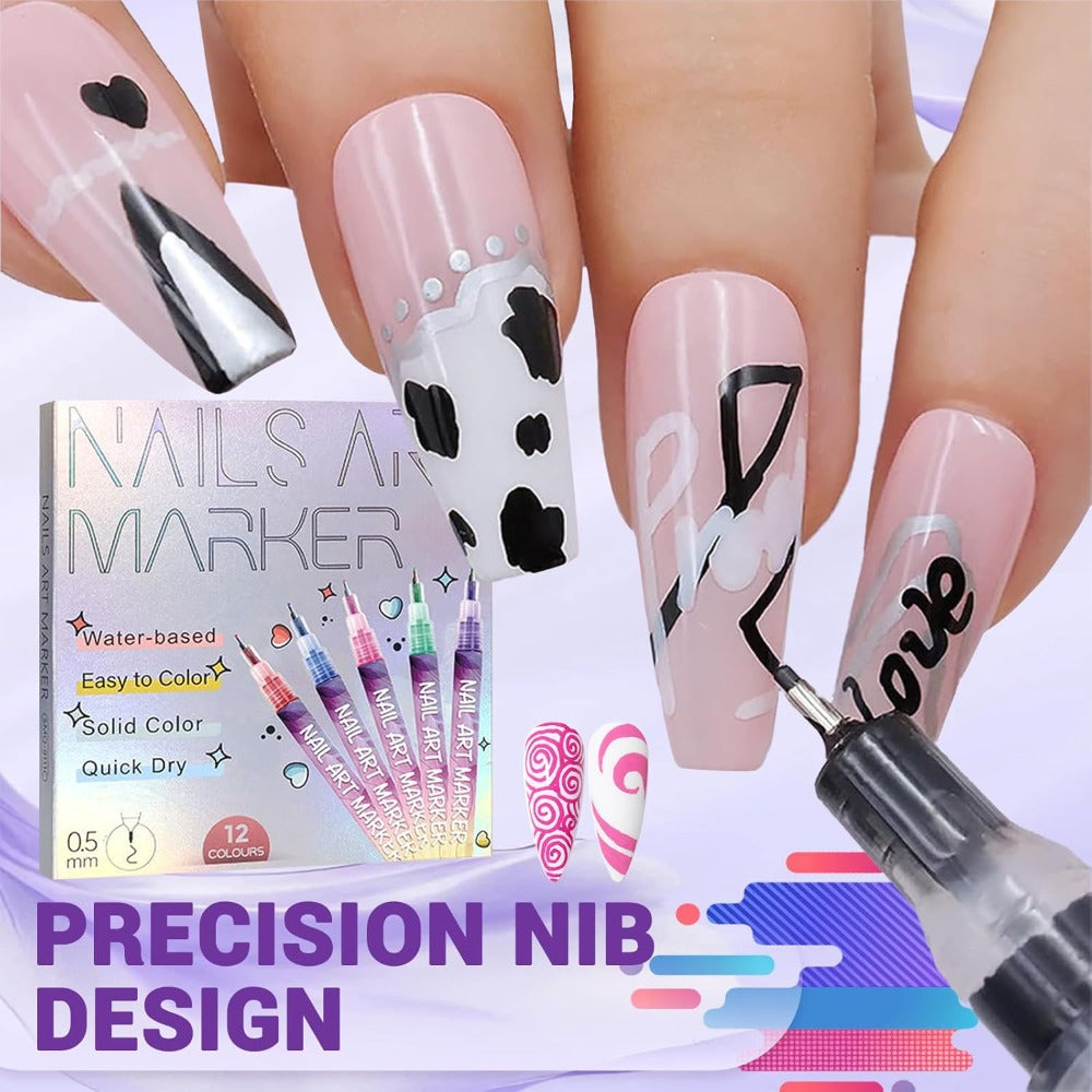 Nail Art Pens Set 12Pcs 0.5mm Ultra-Fine Tip Round Head Brush for DIY Nail Designs - Detailed Line Drawing & Nail Decoration Tools for Beginners and Professionals