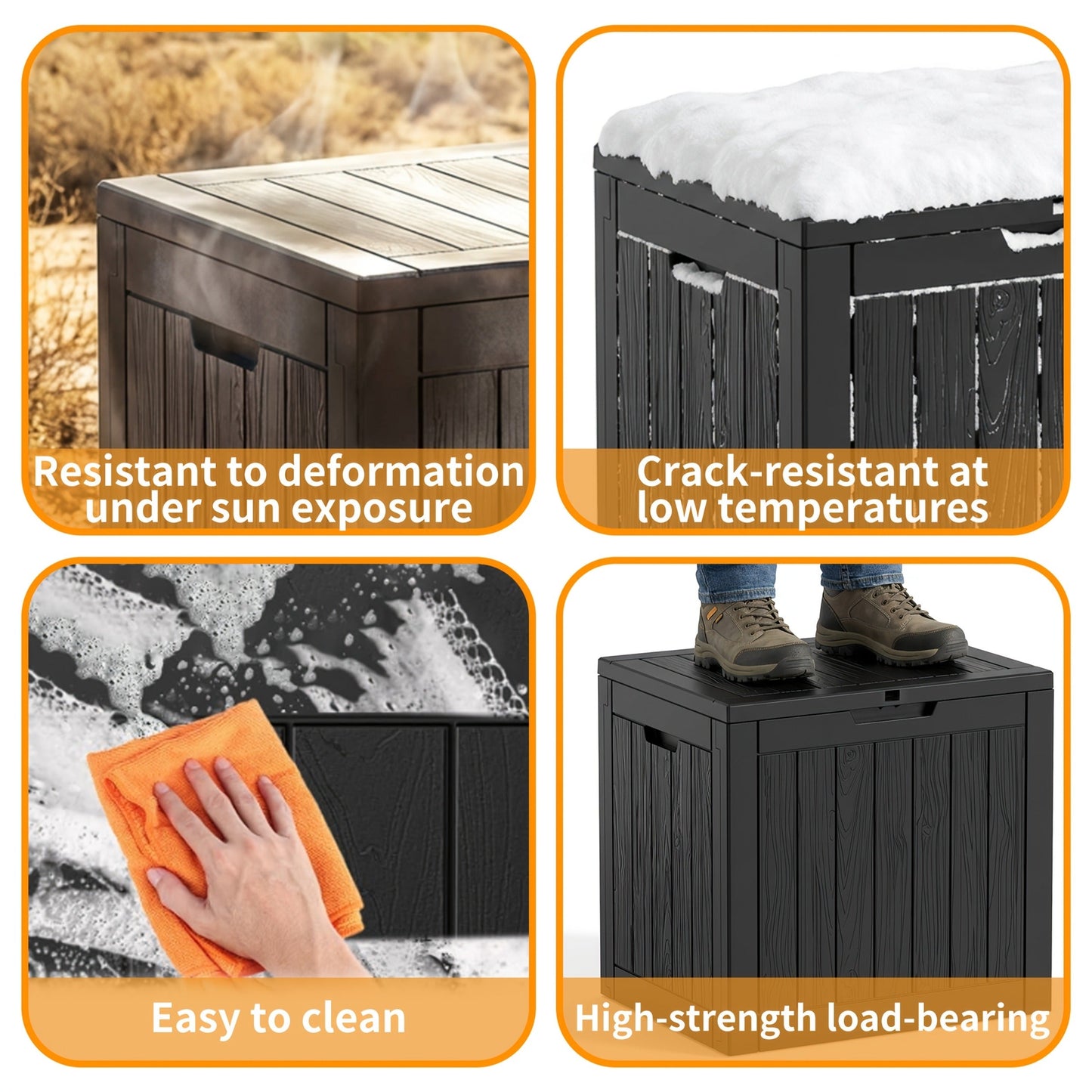 34-Gallon Outdoor Deck Box with Side Handles in 020 Woven or 053 Plank Panel Style, Black or Light Brown