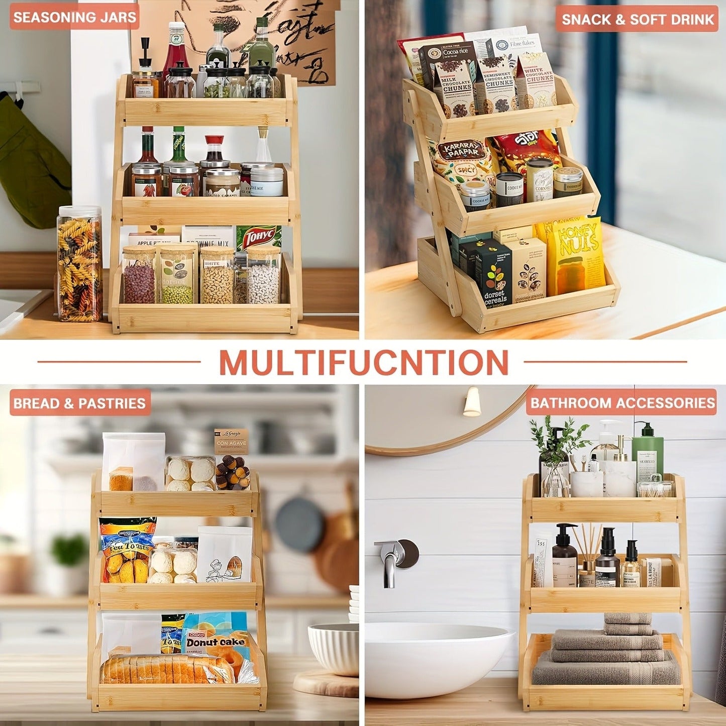 Slatted Countertop Produce Organizer in Two- or Three-Tier Checkout Options with Angled Open-Front Trays