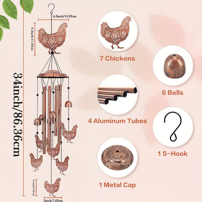 Chicken Wind Chime with Seven Pictured Chicken Shapes, Six Bells and Four Hanging Tubes for Porch or Garden Decor