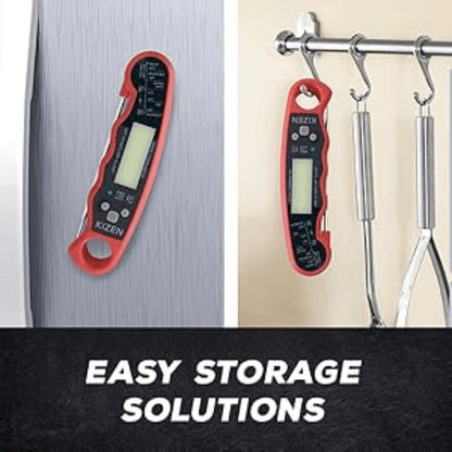 Red and Black Folding Digital Food Thermometer with Backlit Display, Calibration Mode, Unit Switch and Hanging Loop
