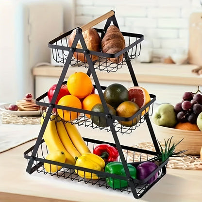 Tiered Fruit Basket with Removable Wooden Handles – 2 or 3 Tier Metal Kitchen Counter Organizer for Produce, Bread & Snacks