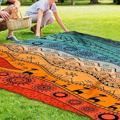 205 x 198cm Picnic Blanket with Orange, Aqua and Black Bohemian Animal Print and Matching Zip Carry Bag