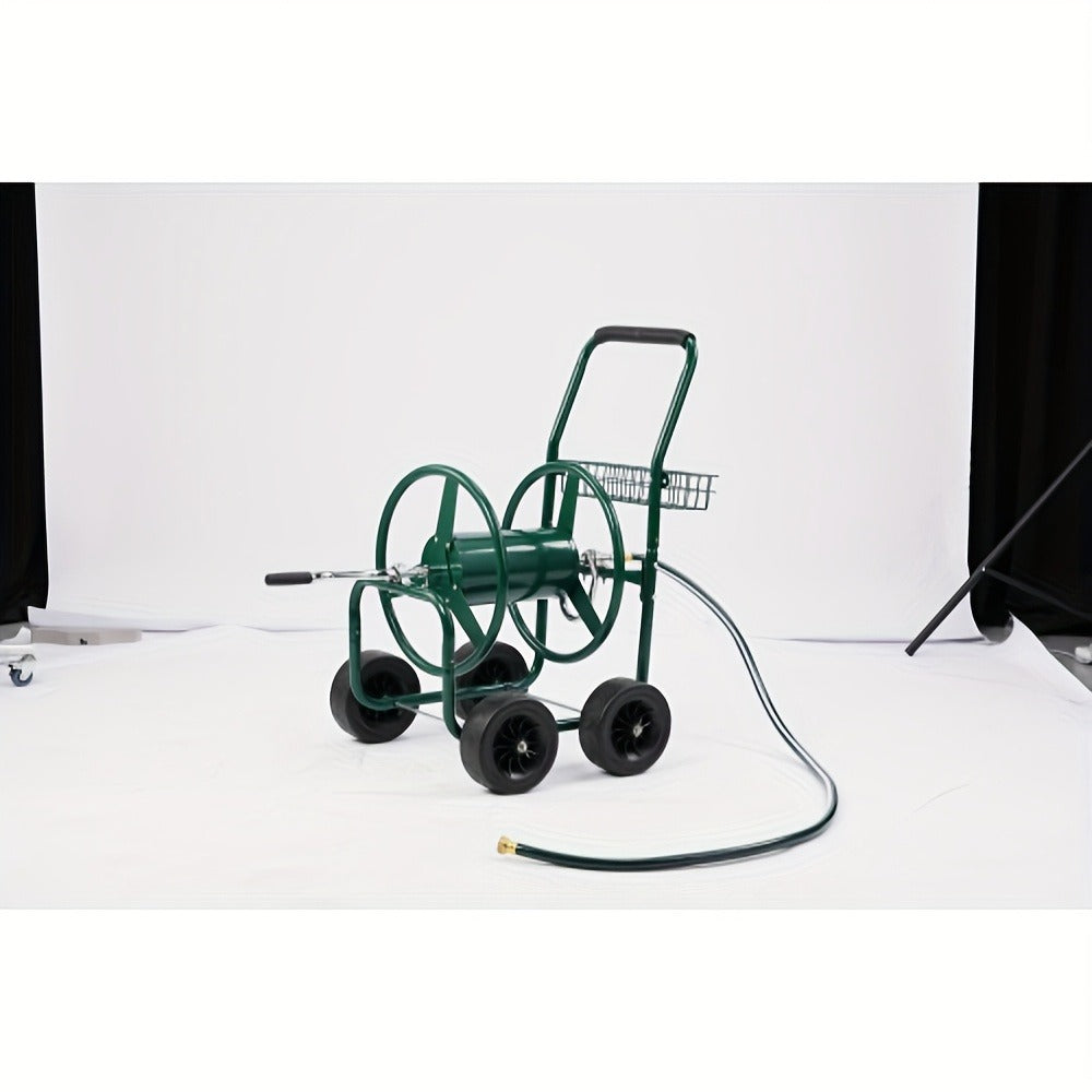 Four-Wheel Garden Hose Reel Cart in Green with Crank Handle, Storage Basket and Padded Push Grip