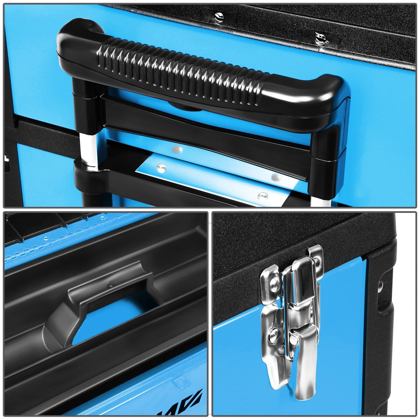 Rolling Tool Box 3-Tier Stackable Portable Toolbox with Wheels 19.5x12x28.5 Inch Steel PP 3-in-1 Detachable Compartments Metal Latches Extendable Handle for Home Workshop Garage Job Site