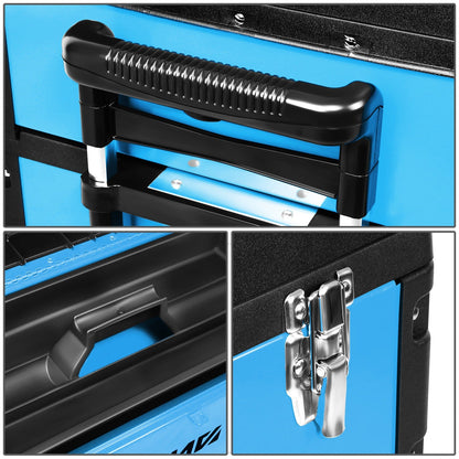 Rolling Tool Box 3-Tier Stackable Portable Toolbox with Wheels 19.5x12x28.5 Inch Steel PP 3-in-1 Detachable Compartments Metal Latches Extendable Handle for Home Workshop Garage Job Site