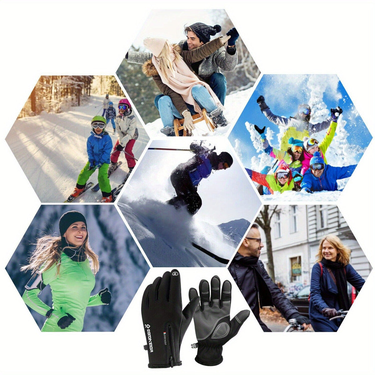 Two-Pair Full-Finger Winter Gloves in Black or Gray with Complete S, M, L, XL and XXL Size Grid