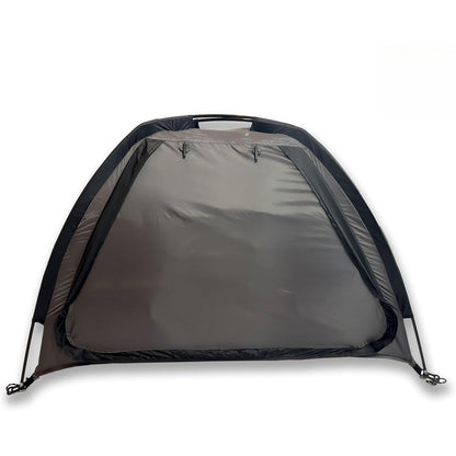 Curved-Top Nine-Shelf Camping Organizer in Brown or Gray with Zippered Front Flap and Folded Carry Form