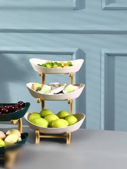 White or Green Countertop Display Stand with Two- or Three-Tier Curved Trays and Wood-Look Supports