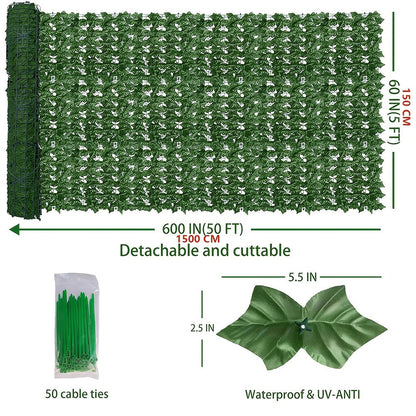Artificial Ivy Privacy Fence Screen in 13 Size Options with Cuttable Green Leaf Panels for Patio or Balcony