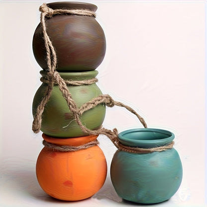 Four-Piece Geometric Hanging Planter Set with Hemp-Rope-Label Suspension and Four Earth-Tone Pot Colors