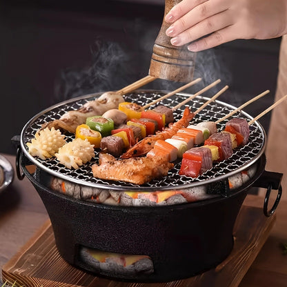 Cast Iron Charcoal Grill Round Portable, Mini BBQ Grill with Wooden Board & Stainless Steel Mesh Tray, Compact Tabletop Charcoal Grill for Outdoor Camping, Pizza, Tea Cooking & Family BBQ