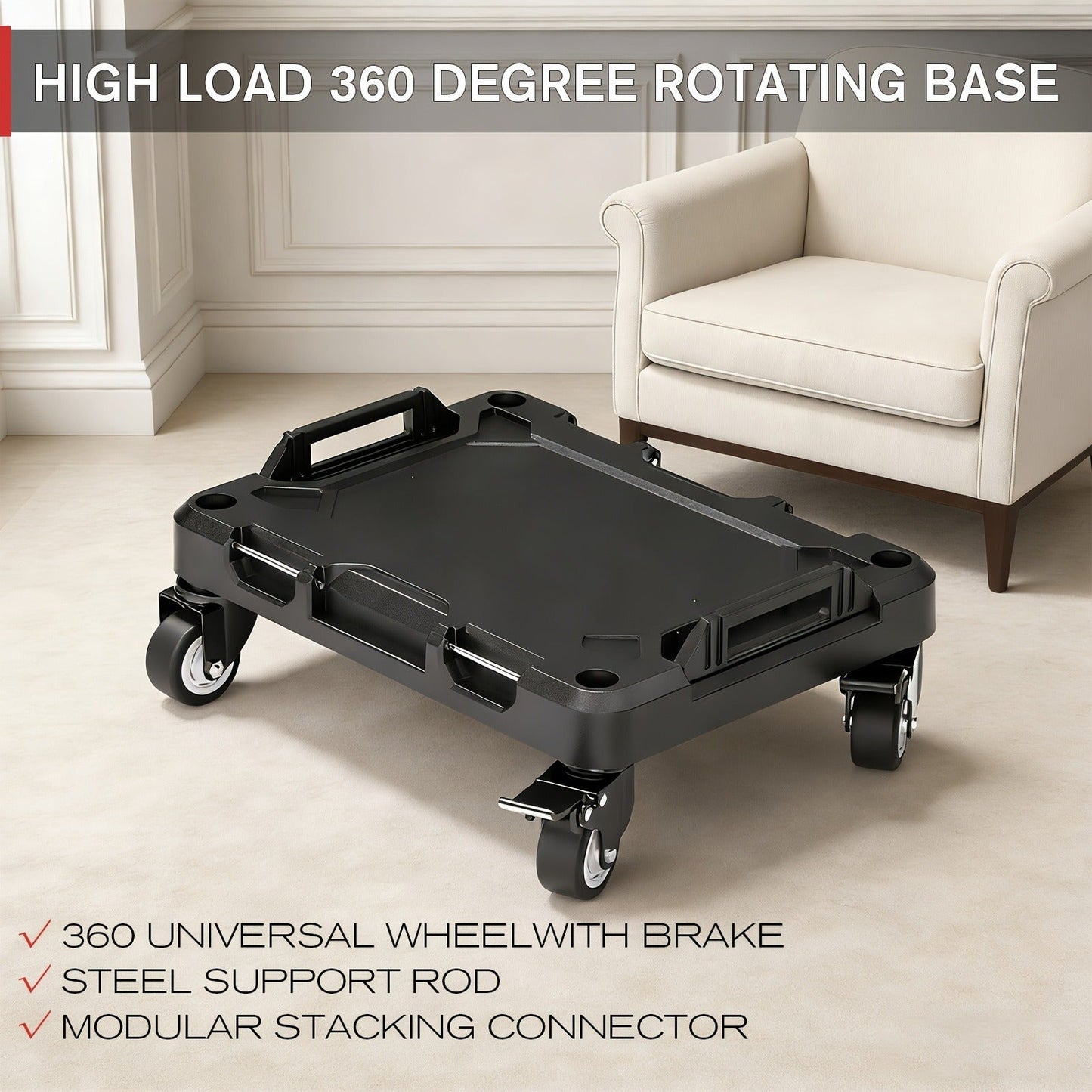Rolling Tool Box with Wheels 3-Tier Stackable Organizer | Lockable Compartments, Connected Storage, 17" Large Plastic Toolbox for Garage, Home & Professional Work