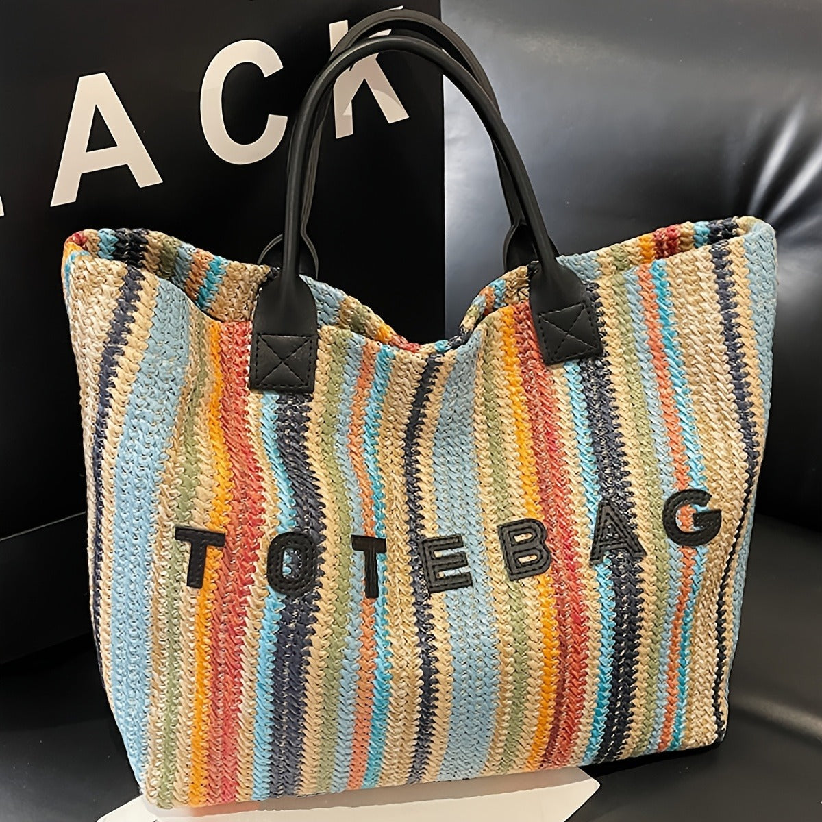 Striped Woven Tote Bag with Letter Detail, Open Top and Black, Green or Brown Handle Options
