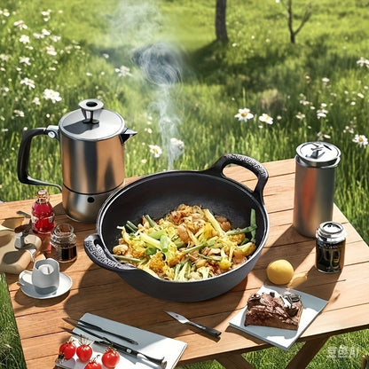 20cm Cast Iron Serving Pan with Dual Loop Handles, Rounded Deep Profile and Enamel Base Layer for Oven or Stovetop Use